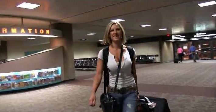 Sexy Blonde Flashing Her Tits in the Airport's Parking.